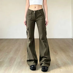 Low Waist Plain Pocket Slim-Fit Boot-Cut Cargo Pants
