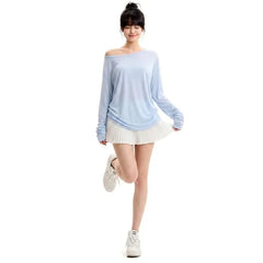 Long-Sleeve Off-Shoulder Plain Sheer T-Shirt