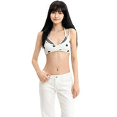 Mock Two-Piece Halter Neck Polka Dot Striped Panel Sports Bra