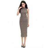 Turtleneck Plain Slim Fit Tank Top / High Waist Midi Pencil Skirt
