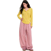 Long-Sleeve Crew Neck Half-Buttoned Plain Sheer T-Shirt