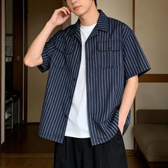 Oversized Striped Cuban-Collar Shirt with Dual-Pocket