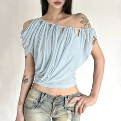 Short-Sleeve Off Shoulder Plain Ruched Crop Top