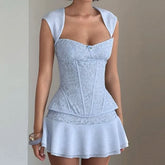 Set: Cap-Sleeve Sweetheart-Neckline Fishbone Lace Top + Mid Rise Mini A-Line Skirt