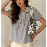 Puff Sleeve Peter Pen Collar Gingham Loose-Fit Blouse