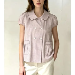 Puff Sleeve Doll Collar Plaid Loose-Fit Blouse