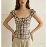 Cap Sleeve Scoop Neck Plaid Tie-Front Slim-Fit Blouse