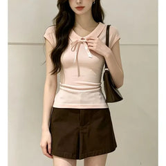 Cap Sleeve V-Neck Collared Ribbon Slim-Fit Top