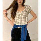Puff Sleeve Scoop Neck Plaid Loose-Fit Blouse