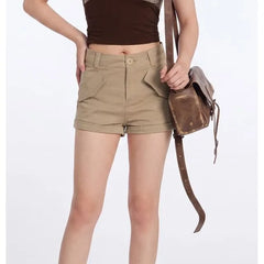 High Waist Plain Slim-Fit Cargo Shorts