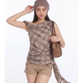 Cowl Neck Plaid Distressed Tank Top