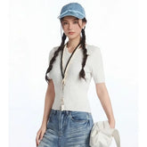 Short Sleeve V-Neck Plain Slim-Fit Knit Top