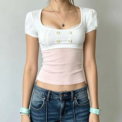 Short-Sleeve Scoop Neck Double Breasted Plain Crop Top