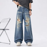 Mid Rise Washed Distressed Wide Leg Jeans