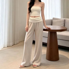 High Waist Two Tone Loose Fit Straight Leg Pants