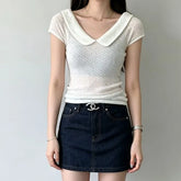 Cap-Sleeve V-Neck Collared Plain Knit Top