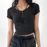 Short-Sleeve Henley Neck Washed Crop T-Shirt