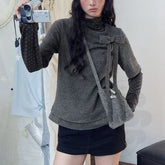 Mock Two-Piece High-Neck Top with Ribbon