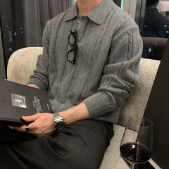 Long-Sleeve Cable Knit Plain Polo Shirt