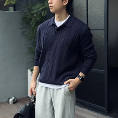 Long-Sleeve Cable Knit Plain Polo Shirt