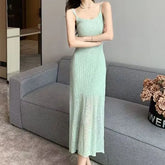 Spaghetti Strap Scoop Neck Plain Knit Maxi Sheath Dress