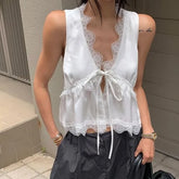 Sleeveless V-Neck Lace Trim Plain Crop Top