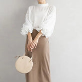 Ruffle Trim 3/4-Sleeve Mock Neck Plain Lace Panel Blouse