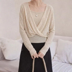 Set: Long-Sleeve V-Neck Plain Knit Top + Camisole Top