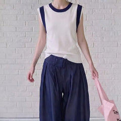 Sleeveless Crewneck Two Tone Knit Top