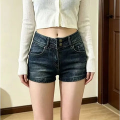 Mid Waist Washed Denim Shorts