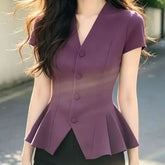 Short-Sleeve V-Neck Plain Button Up Blouse