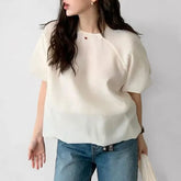 Puff Sleeve Round Neck Plain Blouse