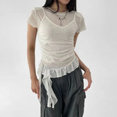 Short-Sleeve Scoop Neck Mock Two Piece Lace Trim T-Shirt