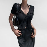 Set: Halter Neck Plain Crop Camisole Top + Short-Sleeve V-Neck Button Top