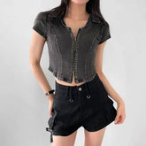 Short-Sleeve Collared Washed Zip Crop Top
