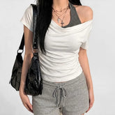 Short-Sleeve Cowl Neck Plain Ruched T-Shirt