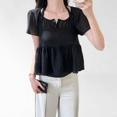 Short-Sleeve Notch Neck Plain Flowy Blouse
