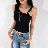 Sleeveless V-Neck Plain Buckled Asymmetrical Top