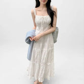 Spaghetti Strap Square Neck Plain Ruffle Trim Midi A-Line Dress