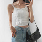Spaghetti Strap Scoop Neck Plain Lace Trim Ruched Camisole Top