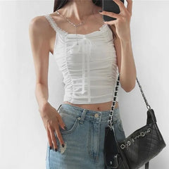 Spaghetti Strap Scoop Neck Plain Lace Trim Ruched Camisole Top