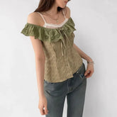 Short-Sleeve Off Shoulder Embroidered Mock Two Piece Blouse