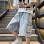 Drawstring Waist Wide Leg Cargo Denim Shorts