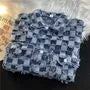 Collared Checker Distressed Button-Up Denim Jacket