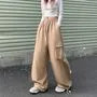 Couple Matching Drawstring Waist Plain Wide Leg Cargo Pants