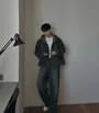 Hooded Denim Zip Jacket / Mid Rise Washed Straight Leg Jeans / Set