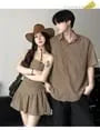 Couple Matching Short-Sleeve Collared Plain Shirt / Ruched Tube Top / High Waist Mini A-Line Skirt / Set