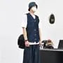V-Neck Contrast Stitched Washed Button-Up Denim Cargo Vest