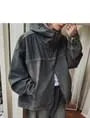 Washed Hooded Zip-Up Denim Jacket / Mid Rise Wide Leg Jeans