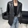 Notch Lapel Plain Faux Leather Panel One-Buttoned Blazer